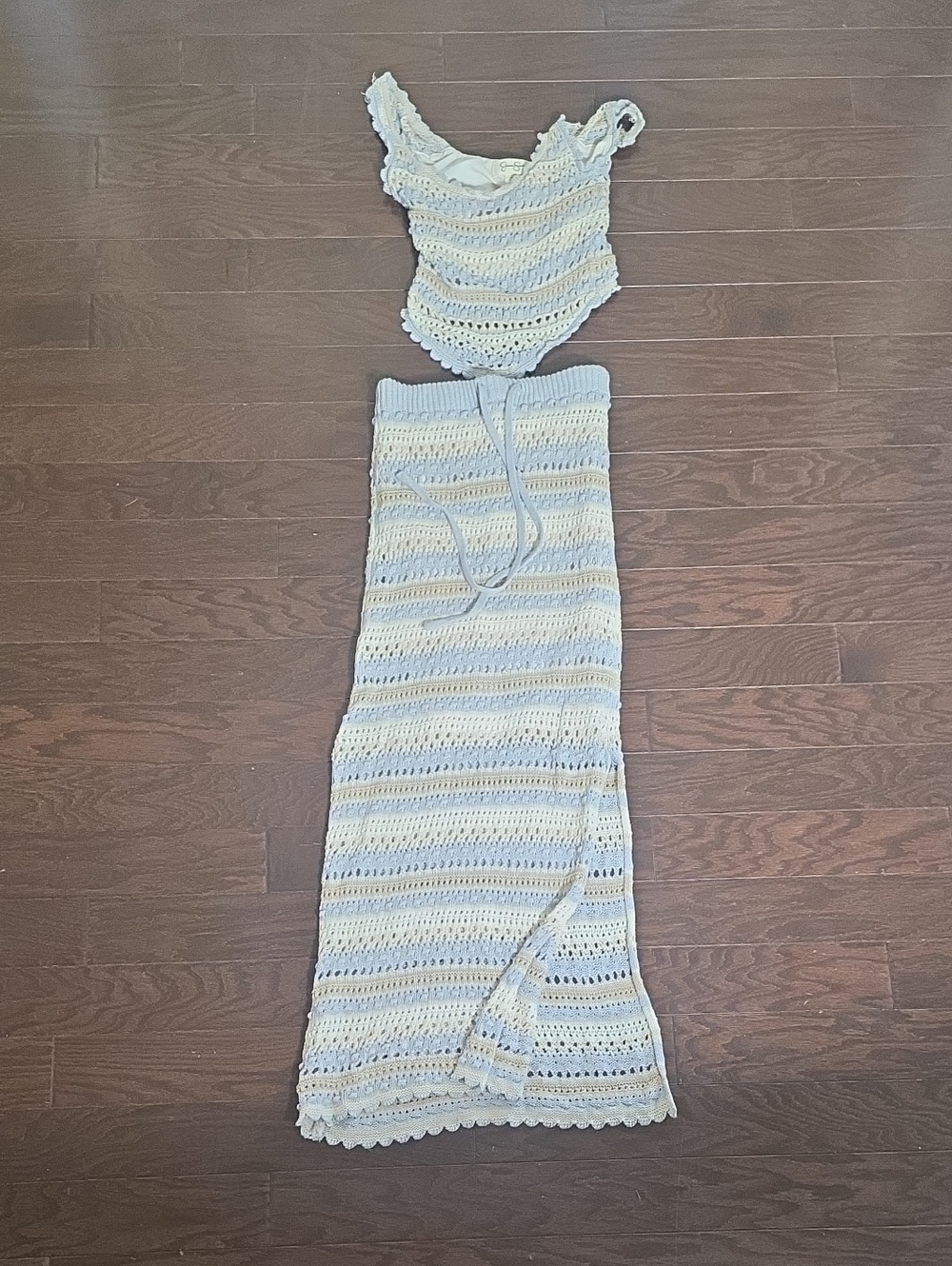 Jessica Simpson Light Blue & Cream Crochet Maxi Top & Skirt